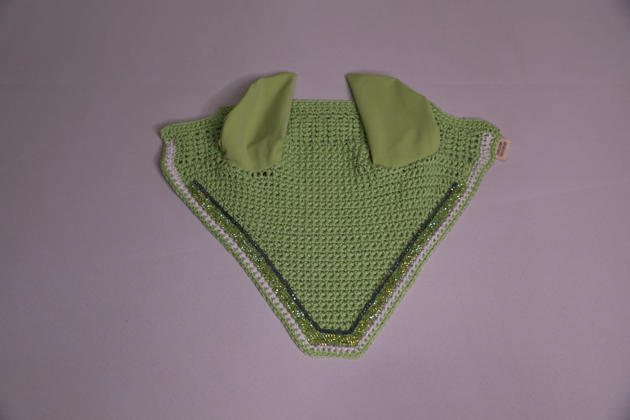 Hand Crocheted Lime Green Horse Bonnet with rhinestones and crystals handmade in Canada