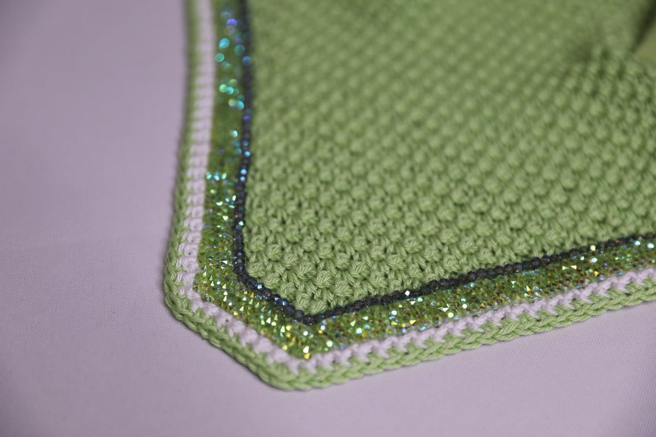 Hand Crocheted Lime Green Horse Bonnet with rhinestones and crystals handmade in Canada