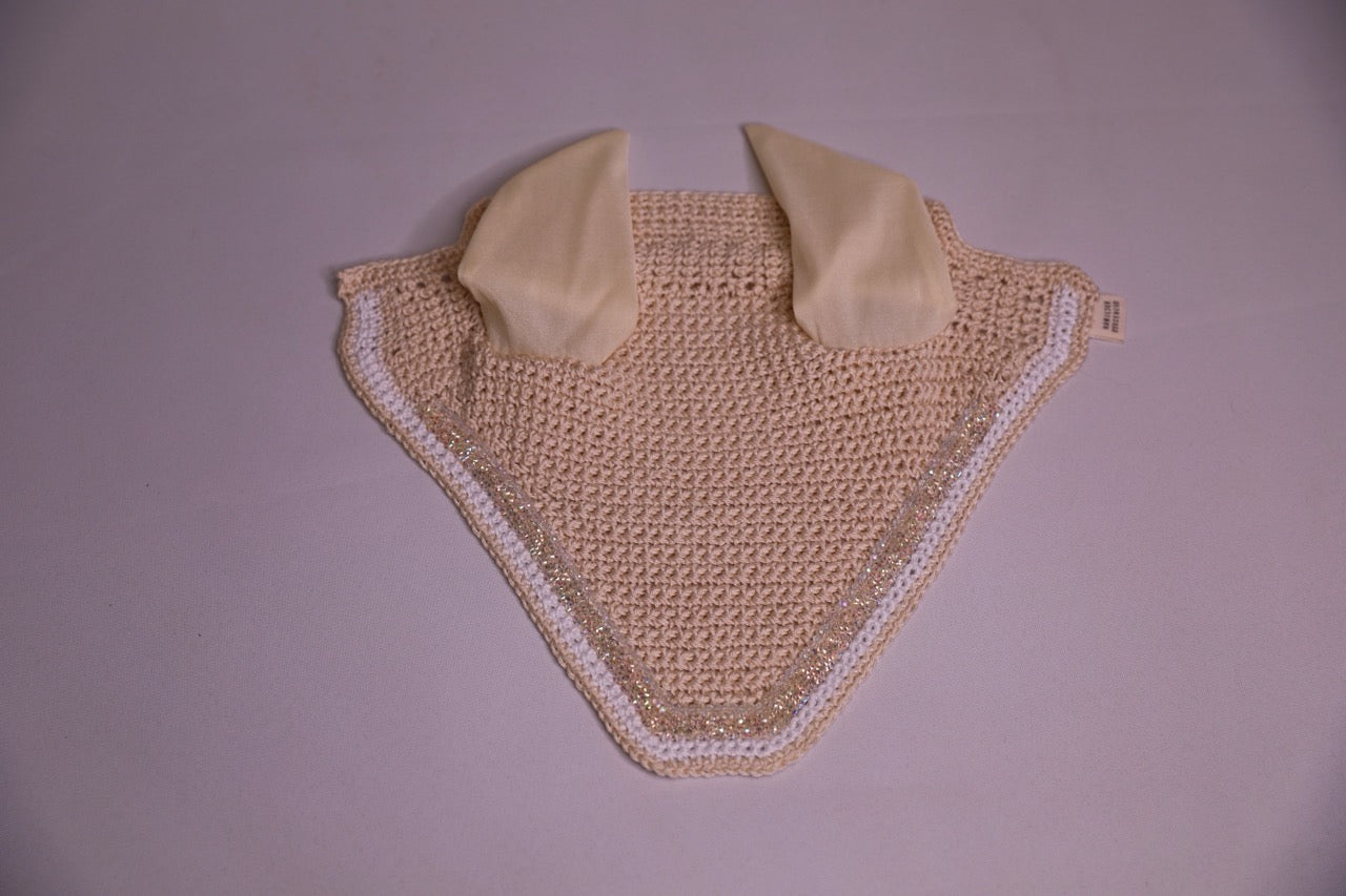 Hand Crocheted Champagne Horse Bonnet with rhinestones and crystals handmade in Canada