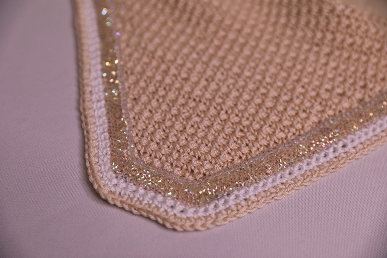 Hand Crocheted Champagne Horse Bonnet with rhinestones and crystals handmade in Canada