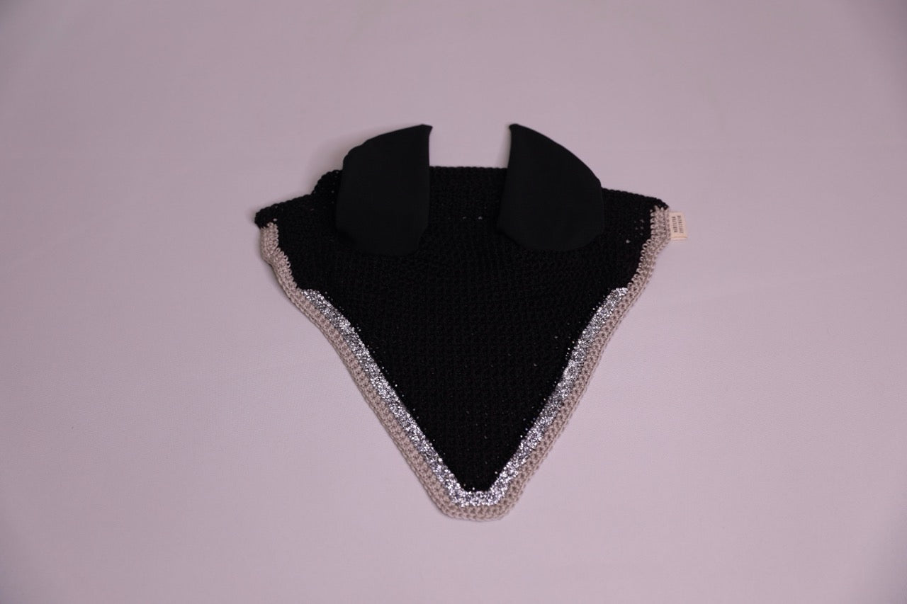 Hand Crocheted Black Horse Bonnet with rhinestones and crystals handmade in Canada