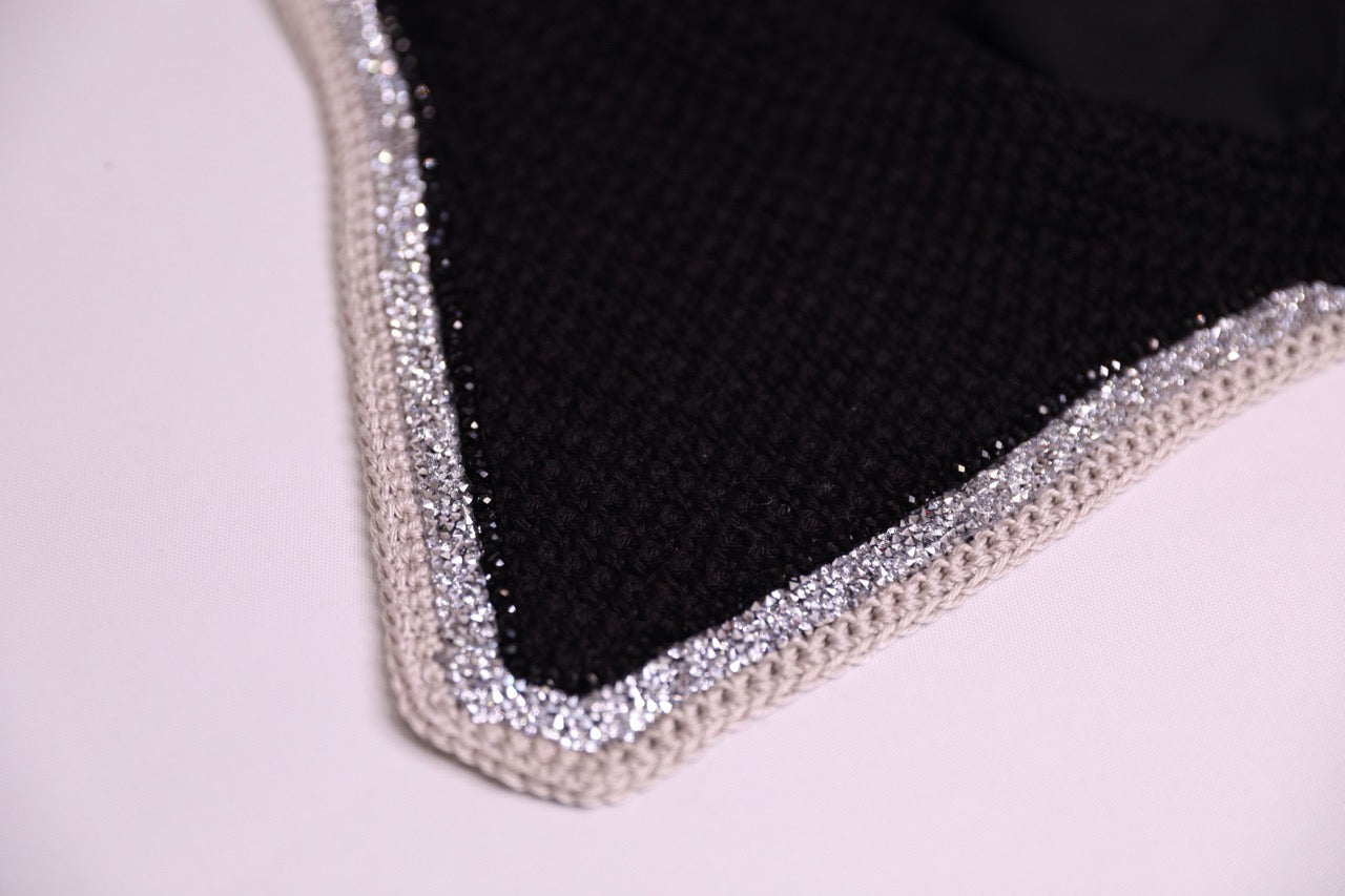 Hand Crocheted Black Horse Bonnet with rhinestones and crystals handmade in Canada