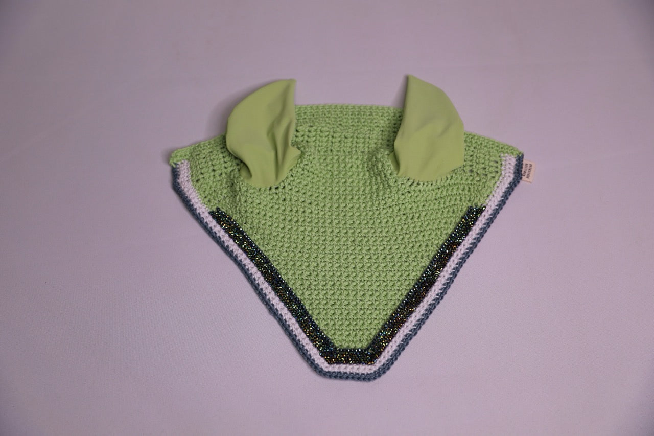 Hand Crocheted Lime Green Horse Bonnet with rhinestones and crystals handmade in Canada