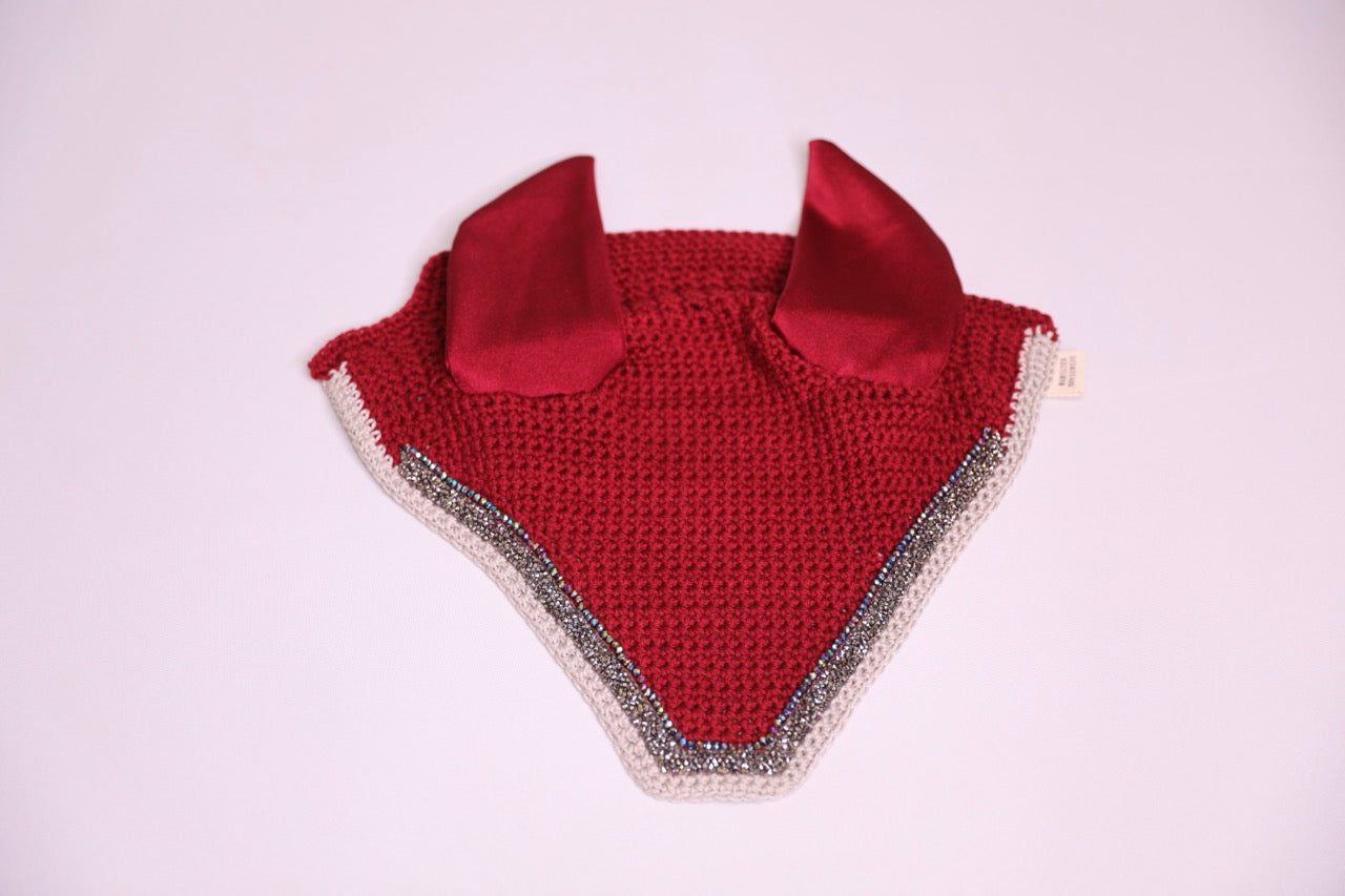 Hand Crocheted Burgundy Horse Bonnet with rhinestones and crystals handmade in Canada