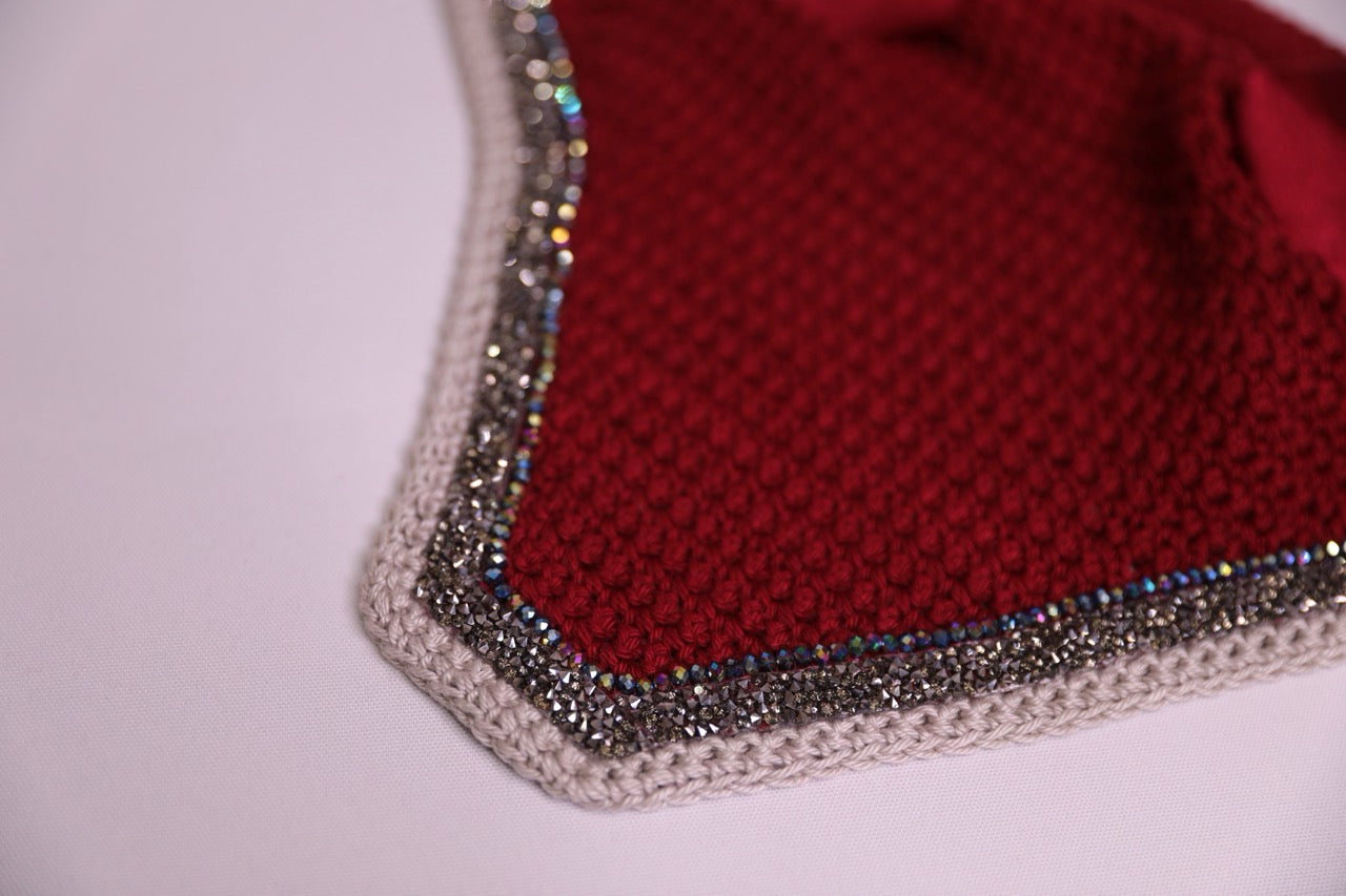 Hand Crocheted Burgundy Horse Bonnet with rhinestones and crystals handmade in Canada