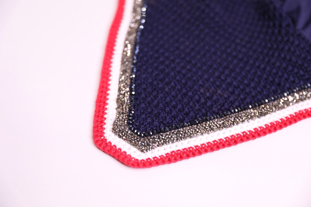 Hand Crocheted Navy Horse Bonnet with rhinestones and crystals handmade in Canada