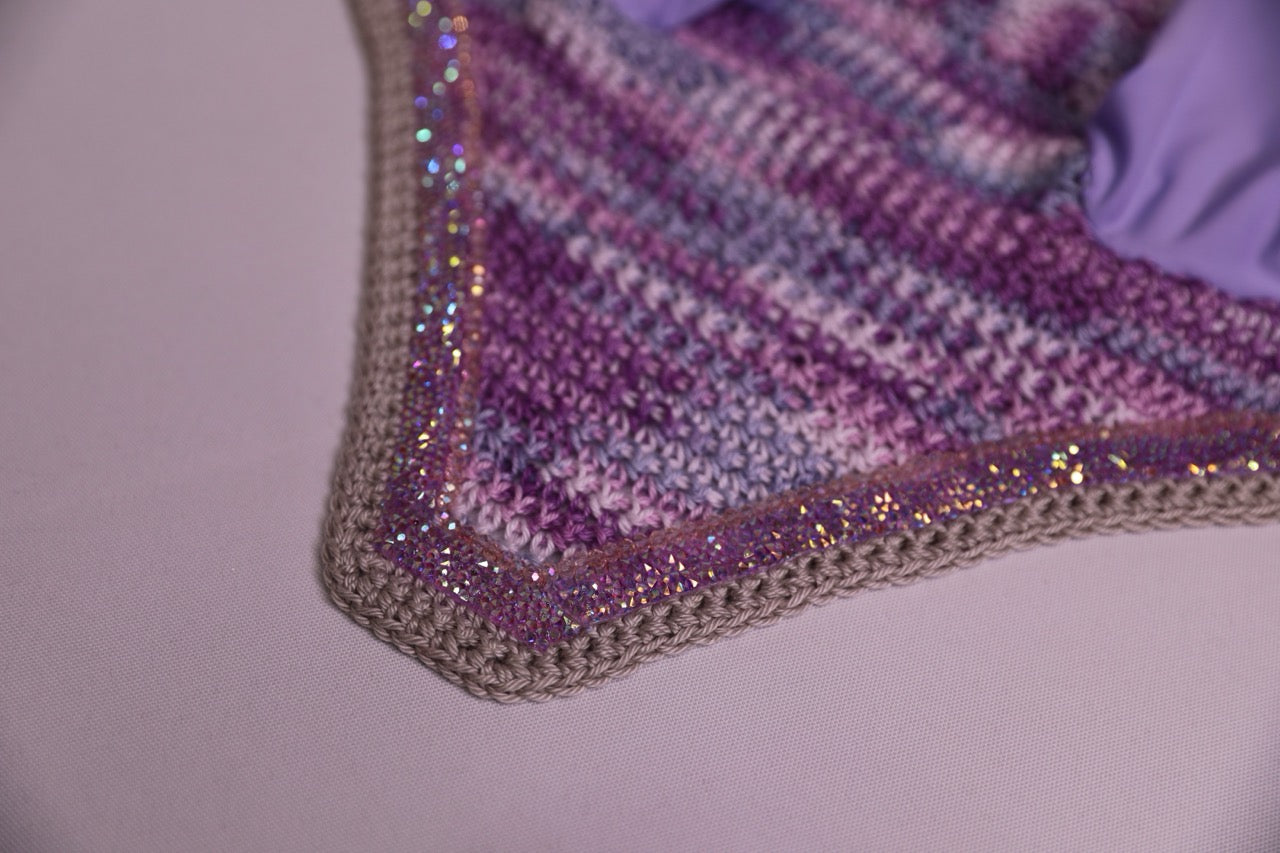 Hand Crocheted Unicorn Purple Pony Bonnet with rhinestones and crystals handmade in Canada