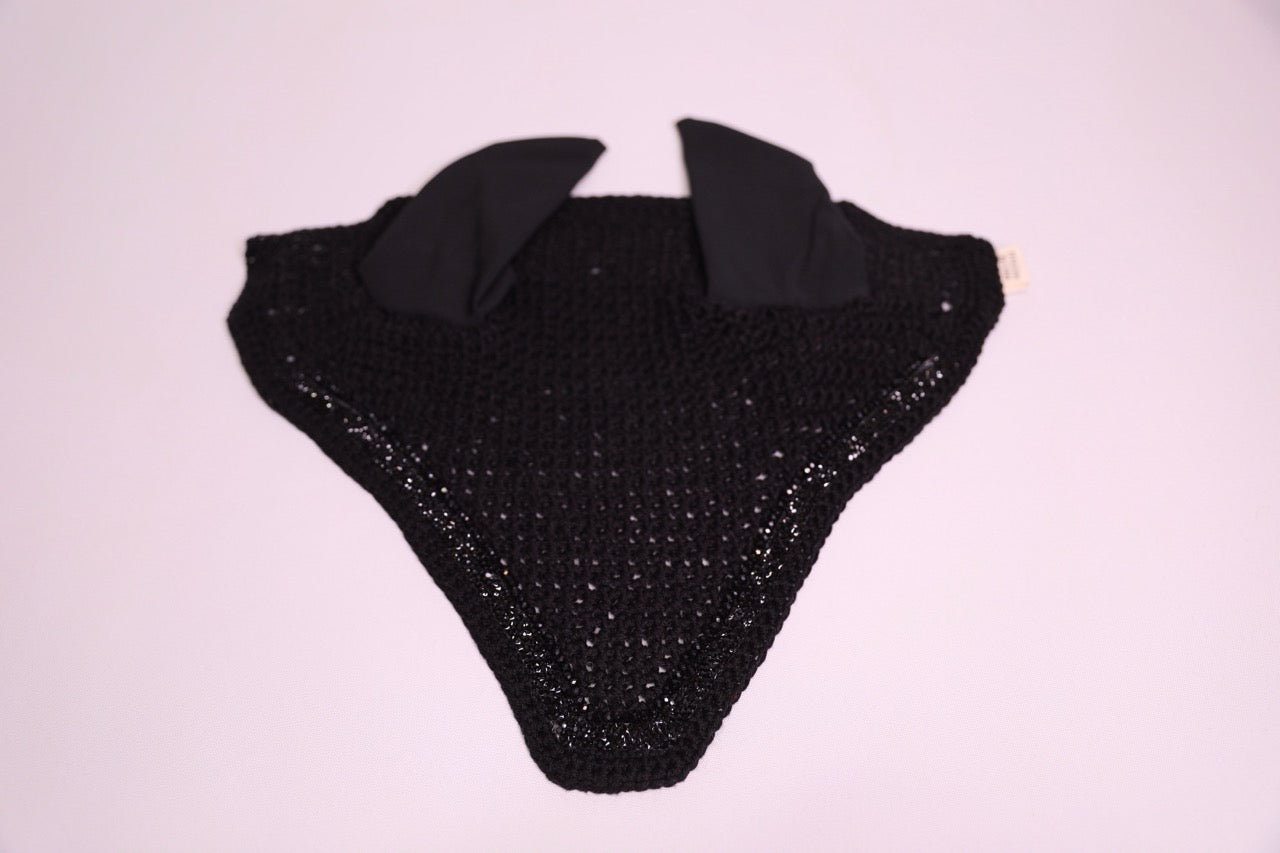 Hand Crocheted Black Horse Bonnet with rhinestones and crystals handmade in Canada