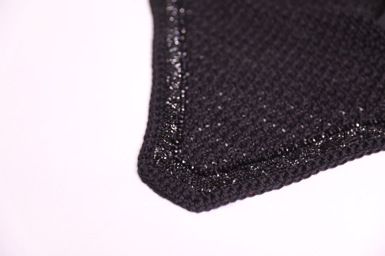 Hand Crocheted Black Horse Bonnet with rhinestones and crystals handmade in Canada