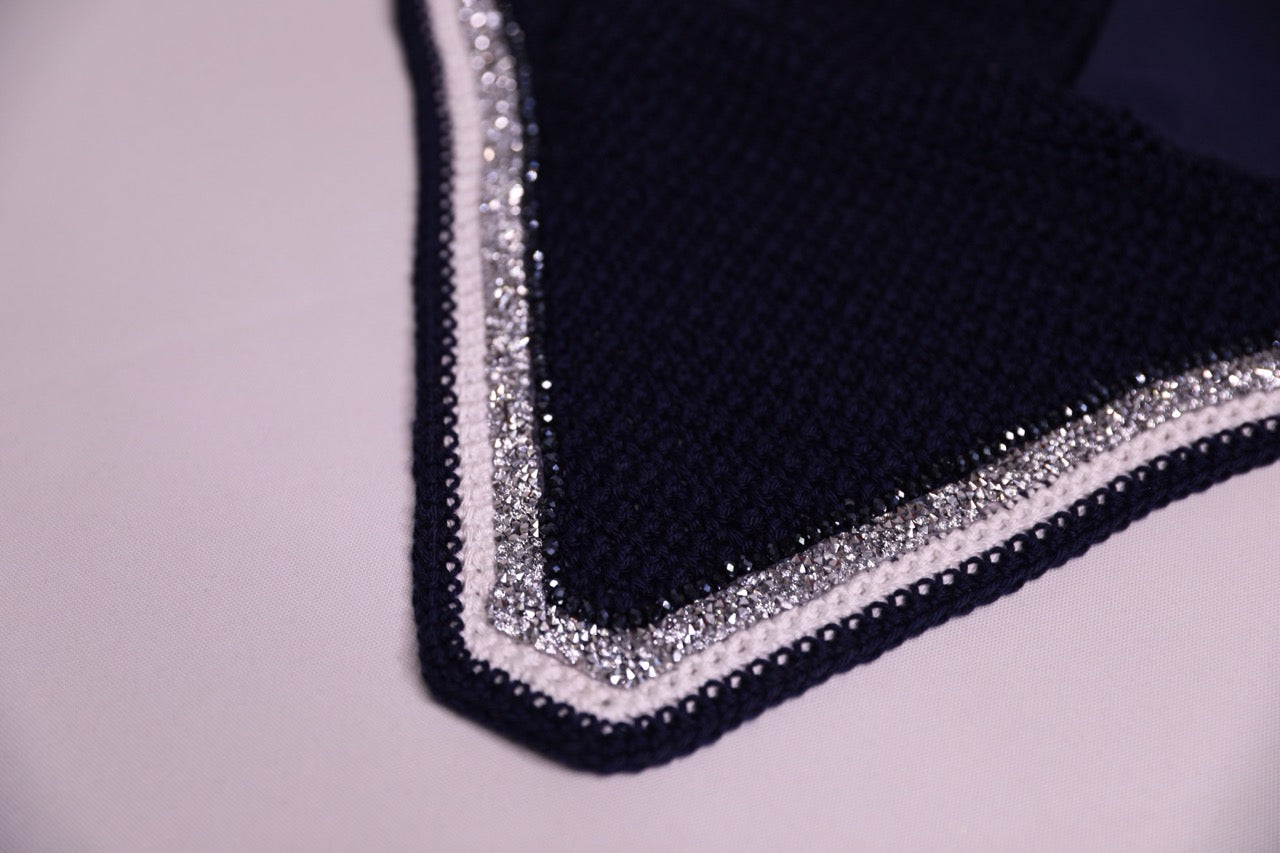 Hand Crocheted Navy Blue Horse Bonnet with rhinestones and crystals handmade in Canada