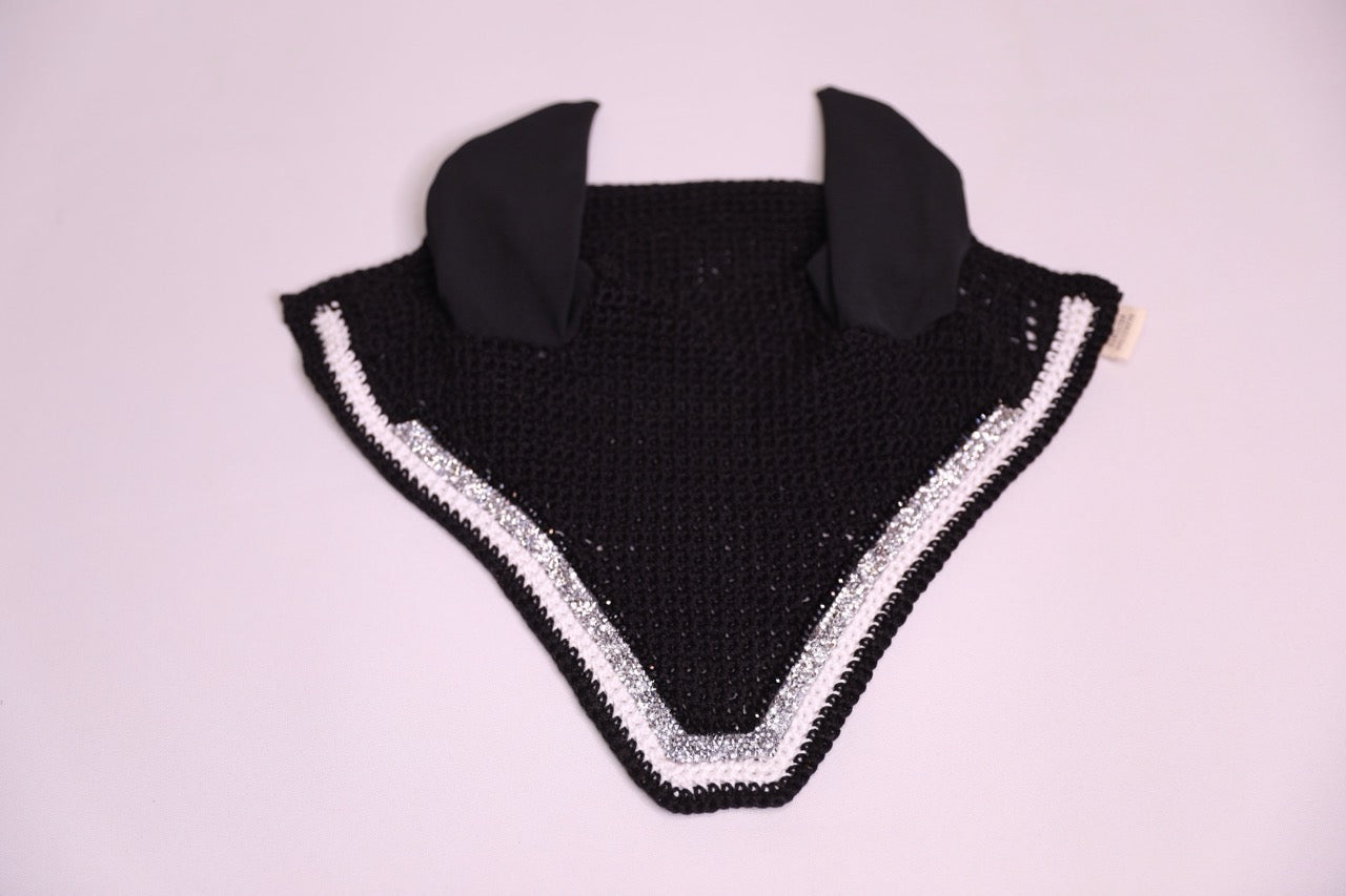 Hand Crocheted Black Horse Bonnet with rhinestones and crystals handmade in Canada