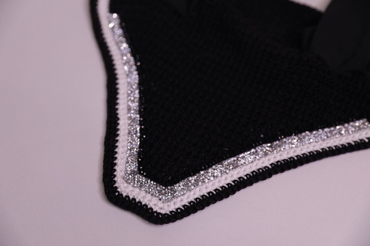 Hand Crocheted Black Horse Bonnet with rhinestones and crystals handmade in Canada