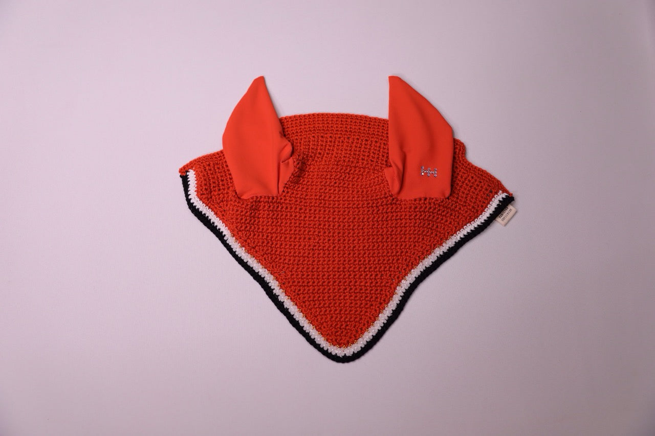 Varsity Edition Orange Horse Bonnet - Handmade crochet white and black trim with Swarovski crystals and hand beadwork with crystals.