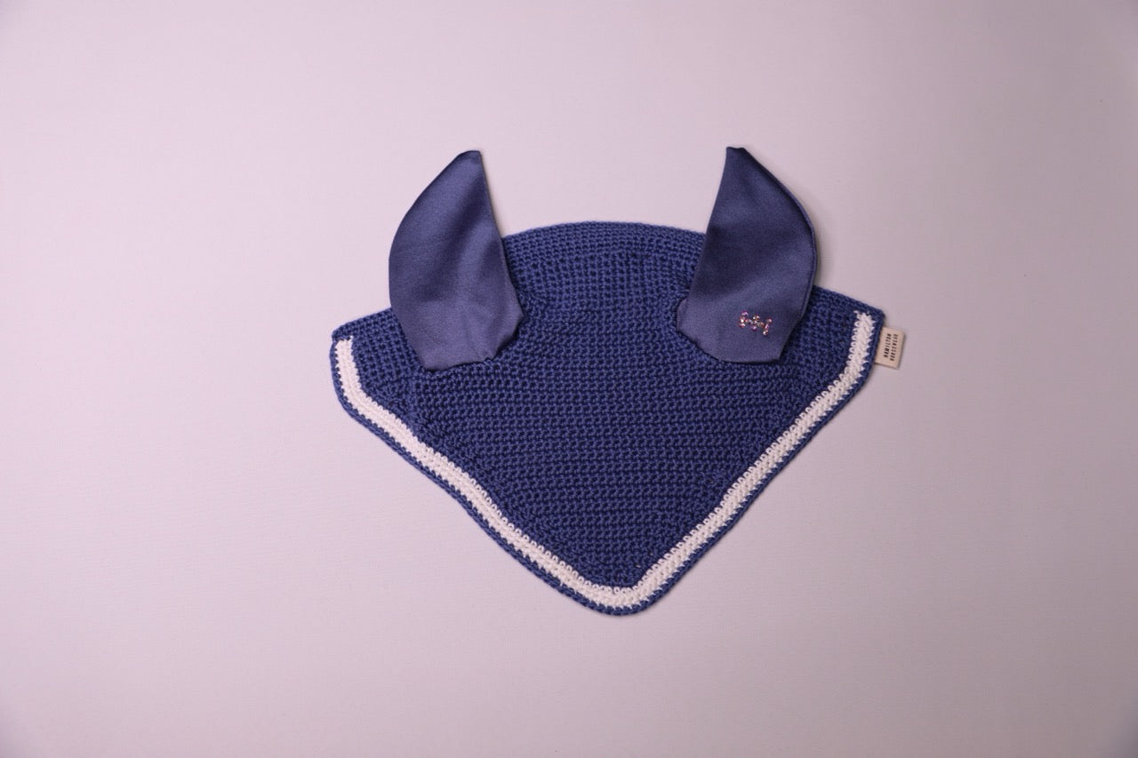 Steel Blue Horse Bonnet - Handmade crochet white and steel blue trim with Swarovski crystals.