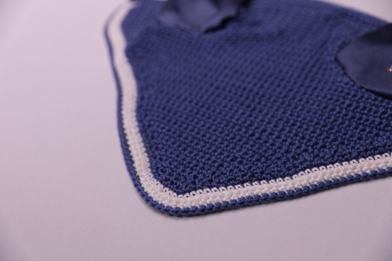 Steel Blue Horse Bonnet - Handmade crochet white and steel blue trim with Swarovski crystals.