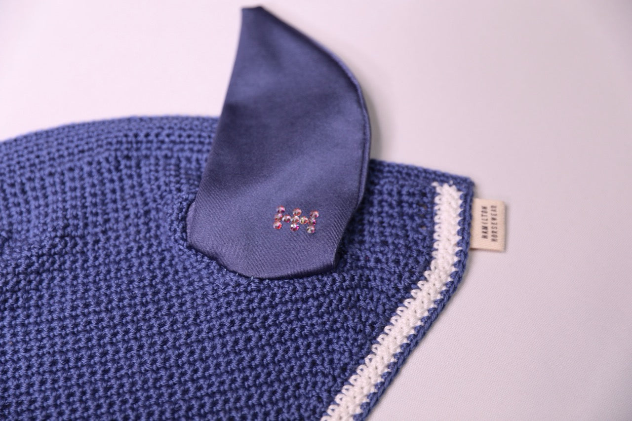Steel Blue Horse Bonnet - Handmade crochet white and steel blue trim with Swarovski crystals.