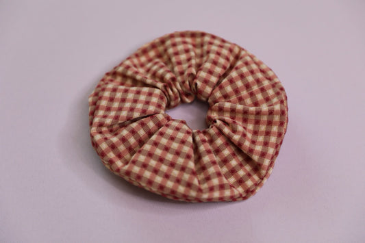 Gingham Burgundy Beige Scrunchie Handmade In Canada