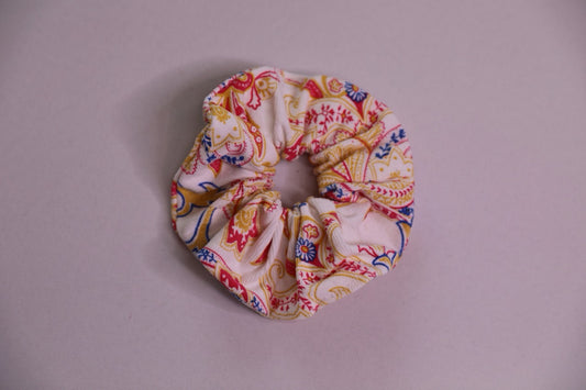 White Paisley Patterned Corduroy Scrunchie Handmade In Canada