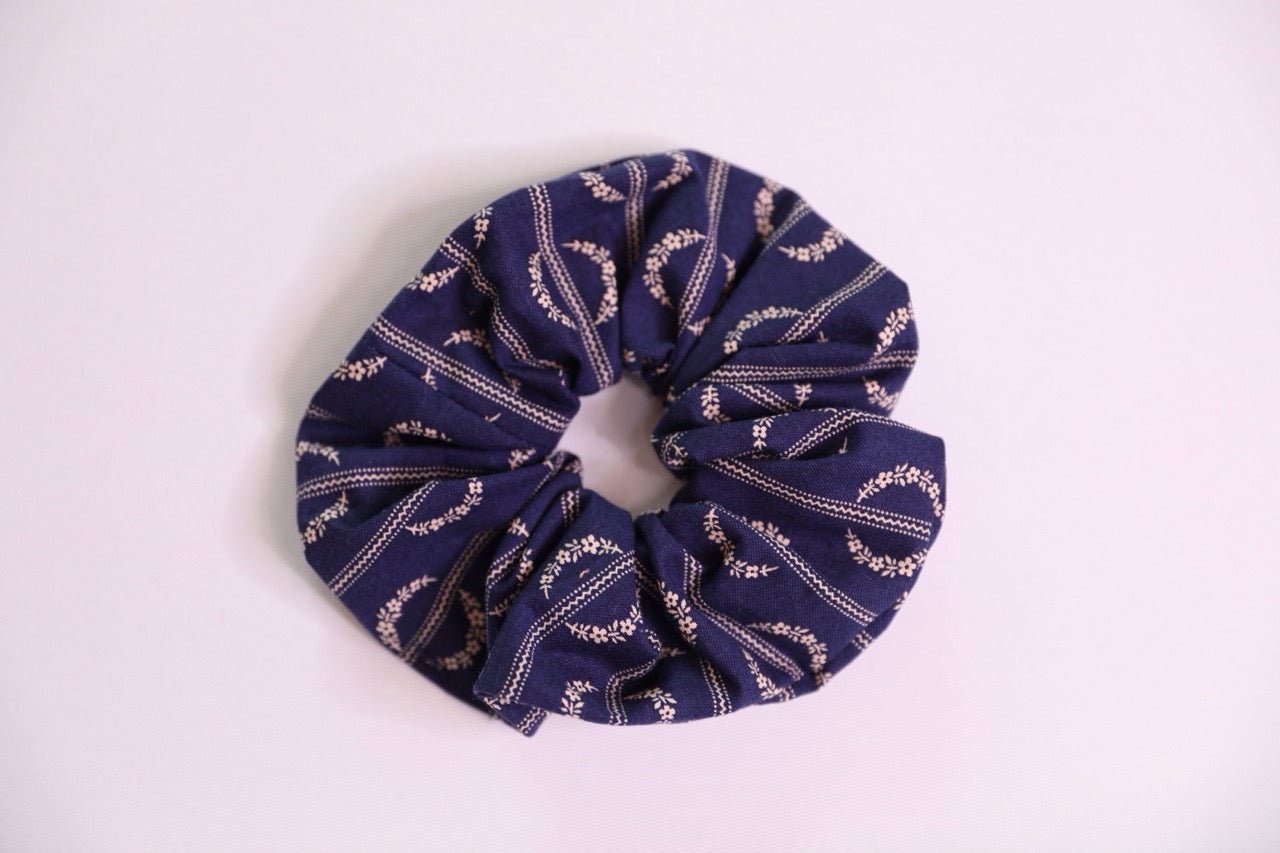 Navy Blue Patterned Scrunchie Handmade In Canada