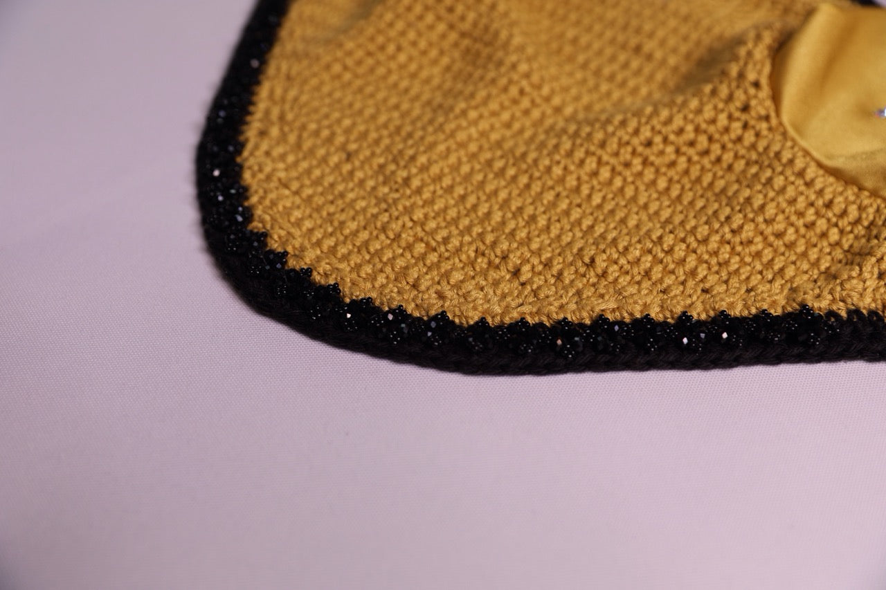 Gold Horse size fly bonnet black trim with Swarovski crystals and hand beadwork with crystals.
