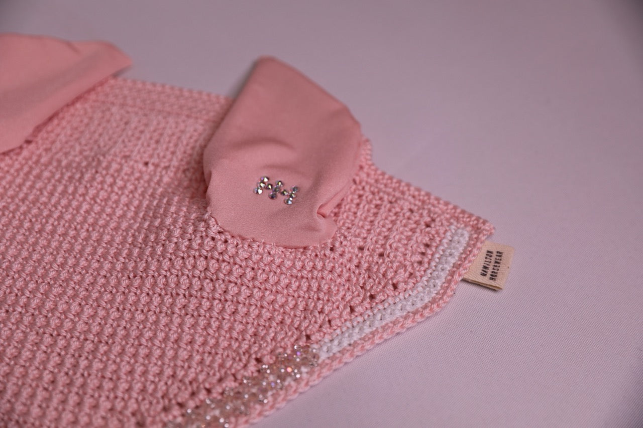 Princess Pink Horse Bonnet - Handmade crochet white and princess pink trim with Swarovski crystals and hand beadwork with crystals.