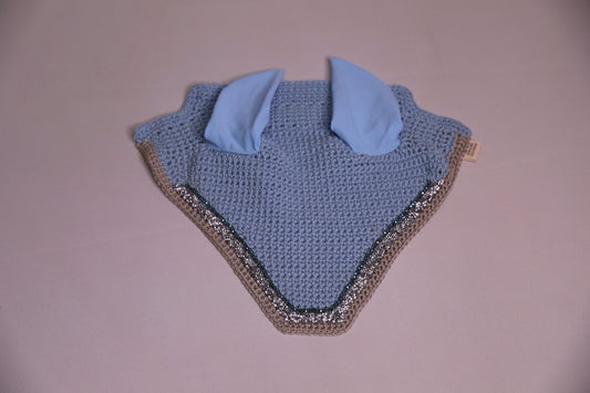 Hand Crocheted Baby Blue Horse Bonnet with rhinestones and crystals handmade in Canada